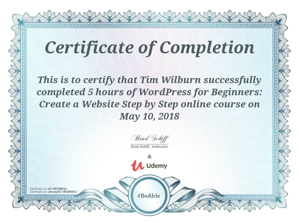 WordPress for Beginners Course certificate issued by Udemy.